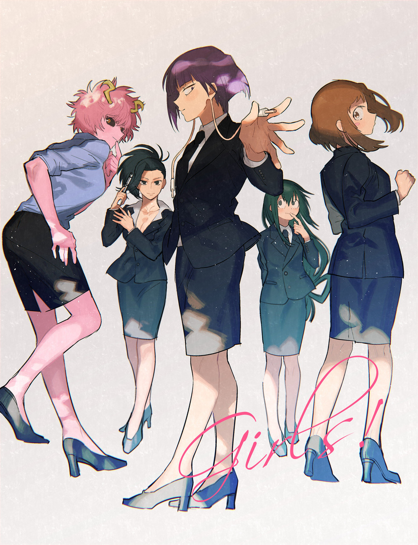 5girls absurdres alternate_costume ashido_mina asui_tsuyu black_necktie black_sclera blazer boku_no_hero_academia breasts cleavage collared_shirt colored_sclera colored_skin commentary full_body gun high_heels highres jacket jirou_kyouka medium_breasts multiple_girls necktie office_lady pink_skin sennen_suisei shirt simple_background skirt uraraka_ochako weapon white_background yaoyorozu_momo