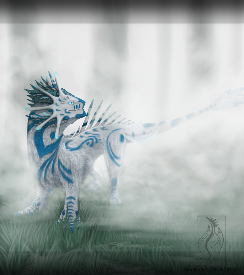 absurd_res blue_eyes daiman_night_dragon_(keltaan) deanosaior dragon feral fog fur grass hi_res kelta'an_(character) male mythological_creature mythological_scalie mythology outside plant scalie solo standing tail white_body white_fur