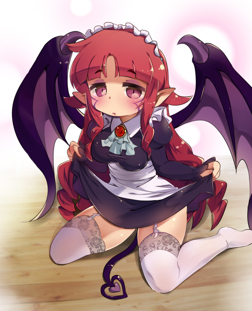 black_wings breasts commentary_request demon_tail duel_monster female garter_straps ghostrick_socuteboss highres long_hair looking_at_viewer maid_headdress medium_breasts pointy_ears red_eyes red_hair solo tail tattoo thighhighs wings yaibaken yu-gi-oh!