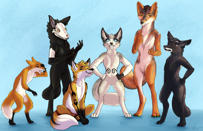 absurd_res akai_(akaifox) alice_(akaifox) amber_eyes anthro arturo_(akaifox) avi_(akaifox) bell_(marking) biped black_body black_fur blep blue_background blue_eyes bone canid canine canis cas_(akaifox) claws confident coyote cracks_(marking) crosslegged_pose digital_media_(artwork) digitigrade dipstick_ears dipstick_tail ear_markings ears_back eyebrow_slit eyebrows eyes_(marking) facial_markings featureless_chest featureless_crotch female fluffy fluffy_tail fox full-length_portrait fur fur_markings fur_tattoo green_pawpads group hand_on_hip handpaw hands_on_hips head_markings hi_res leg_markings looking_at_viewer lotus_pose male mammal marble_fox markings mia_(akaifox) multicolored_ears multicolored_eyes neck_tuft notched_ear orange_body orange_fur pawpads paws pivoted_ears portrait pose rainbow_eyes red_fox rubbing_eye sassy scar scars_all_over scruffy silver_fox simple_background sitting skull skull_head skullfox smile snaggle_tooth snout snout_markings socks_(marking) spiral_markings standing tail tail_markings teeth teeth_(marking) textured_background tired tongue tongue_out true_fox tuft watermark wolfdesigner10 yellow_eyes young