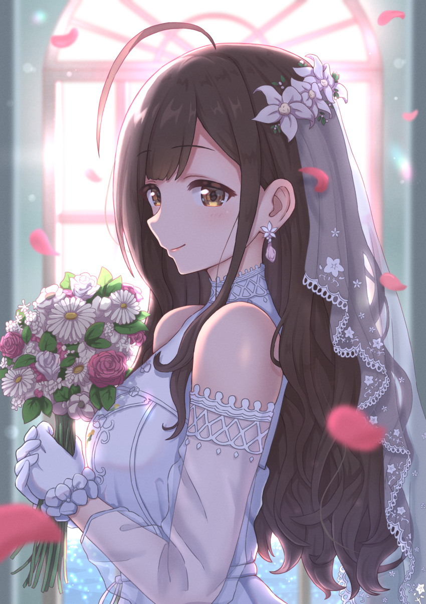 ahoge blurry blush bokeh bride brown_hair depth_of_field detached_sleeves dress earrings female flower glint gloves hair_flower hair_ornament highres holding holding_flower idolmaster idolmaster_shiny_colors jewelry kuwayama_chiyuki lace-trimmed_veil lace_trim long_hair looking_at_viewer looking_to_the_side own_hands_together petals see-through see-through_sleeves simoumi_217 smile solo sunlight upper_body wavy_hair wedding_dress white_dress white_gloves window