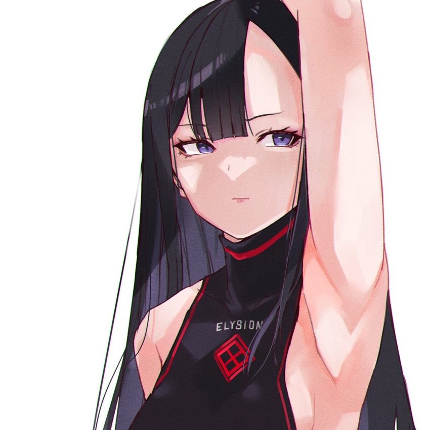 arm_up armpits asymmetrical_bangs black_hair blue_eyes breasts closed_mouth clothes_writing colored_inner_hair eunhwa_(nikke) female forehead goddess_of_victory:_nikke lips long_hair multicolored_hair ninchan purple_hair sideboob simple_background solo white_background