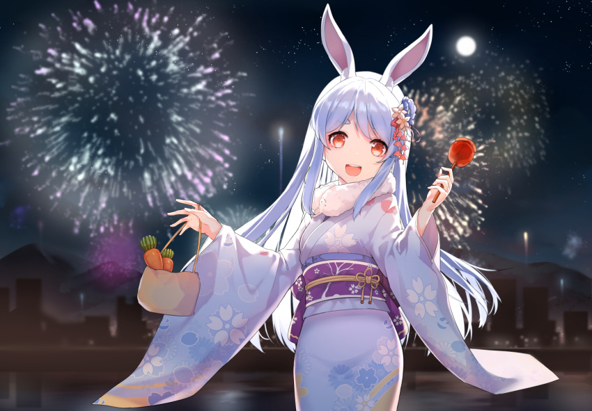 alternate_costume animal_ear_fluff animal_ears bag blue_hair blue_kimono blush candy_apple carrot commentary_request don-chan_(usada_pekora) female fireworks flower food furisode hair_flower hair_ornament holding holding_bag hololive japanese_clothes kimono long_hair looking_at_viewer new_year night obi official_art open_mouth outdoors rabbit_ears rabbit_girl round_teeth sash scarf snozaki solo teeth usada_pekora virtual_youtuber white_hair