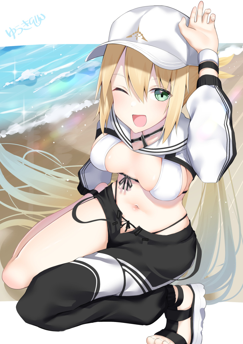 artoria_caster_(fate) artoria_caster_(swimsuit)_(fate) artoria_caster_(swimsuit)_(first_ascension)_(fate) artoria_pendragon_(fate) asymmetrical_clothes baseball_cap bikini black_pants blonde_hair blush breasts commentary_request cropped_jacket fate/grand_order fate_(series) female green_eyes hat highres jacket kitajima_yuuki long_hair long_sleeves looking_at_viewer navel one_eye_closed open_mouth pants partial_commentary sandals shore shrug_(clothing) single_pantsleg sitting small_breasts smile solo swimsuit twintails wariza white_bikini white_hat white_jacket