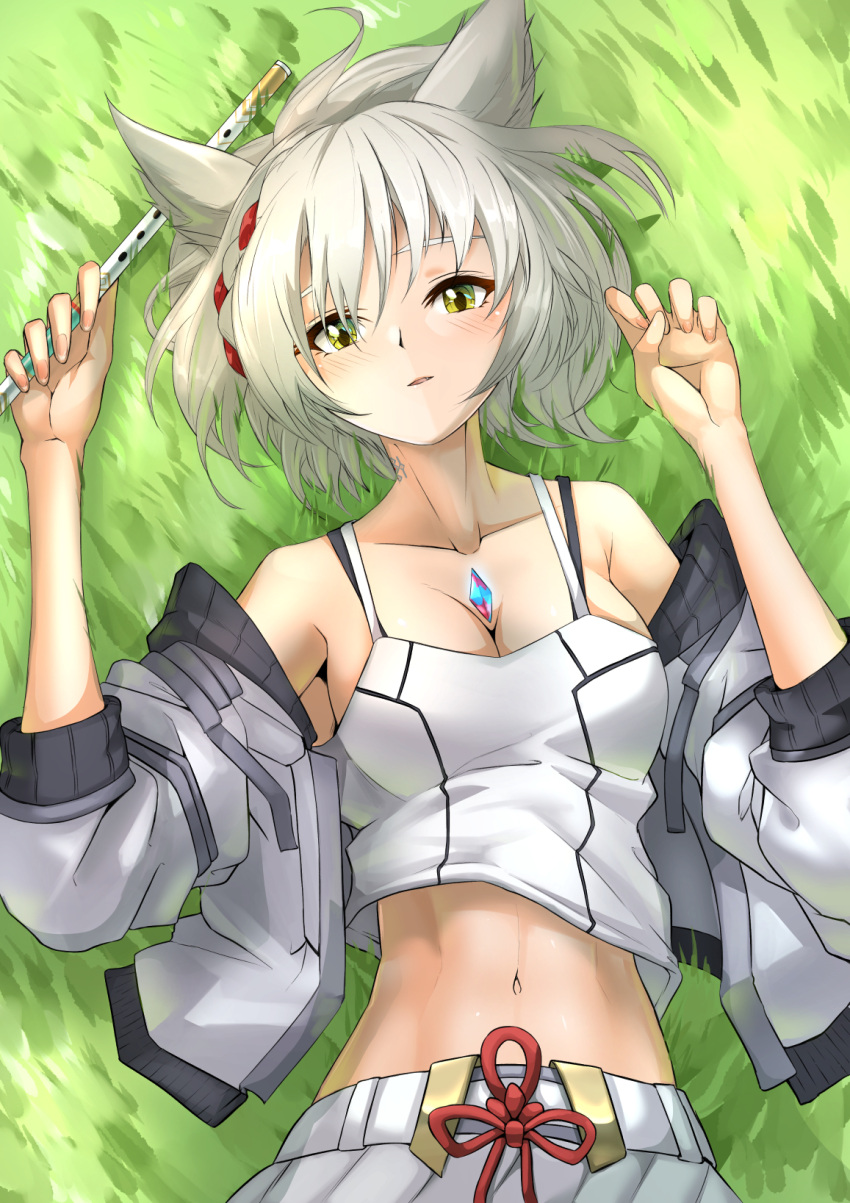 animal_ears breasts cat_ears chest_jewel cleavage collarbone deekei female flute grass grey_hair highres instrument jacket light_blush looking_at_viewer lying mio_(xenoblade) navel off_shoulder on_back parted_lips short_hair solo stomach toned upper_body xenoblade_chronicles_(series) xenoblade_chronicles_3