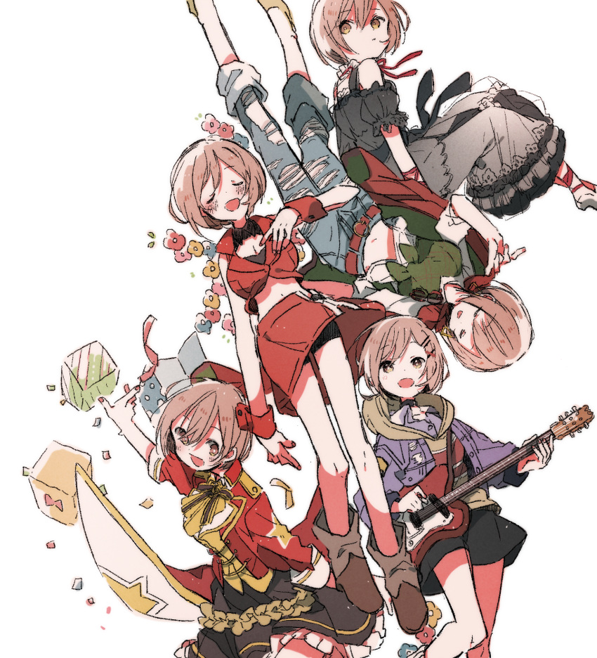 25-ji_meiko 5girls bike_shorts black_dress black_skirt blue_pants breasts brown_eyes brown_footwear brown_hair cleavage closed_eyes commentary cube denim dress electric_guitar flower full_body green_shirt guitar hair_ornament hairclip hazime highres instrument jacket jeans leo/need_meiko long_sleeves medium_breasts meiko_(vocaloid) meiko_(vocaloid3) midriff multiple_girls multiple_persona music nail_polish navel official_alternate_costume open_mouth pants playing_instrument project_sekai purple_jacket red_jacket red_nails red_skirt resonate_with_you_(project_sekai) shirt short_hair short_sleeves skirt smile star_(symbol) star_print torn_clothes torn_jeans torn_pants vivid_bad_squad_meiko vocaloid white_background wonderlands_x_showtime_meiko wrist_cuffs