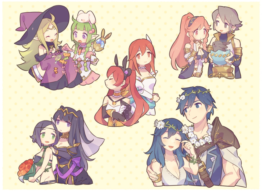 2boys 6+girls alternate_costume animal_ears bikini blue_hair bouquet breasts chrom_(fire_emblem) chrom_(valentine)_(fire_emblem) cleavage commentary cordelia_(bridal)_(fire_emblem) cordelia_(fire_emblem) dancer dress easter fake_animal_ears father_and_daughter fire_emblem fire_emblem_awakening fire_emblem_heroes green_bikini haconeri hat head_wreath highres inigo_(fire_emblem) inigo_(performing_arts)_(fire_emblem) lucina_(fire_emblem) lucina_(valentine)_(fire_emblem) mother_and_daughter mother_and_son multiple_boys multiple_girls nah_(fire_emblem) nah_(spring)_(fire_emblem) noire_(fire_emblem) noire_(summer)_(fire_emblem) nowi_(fire_emblem) nowi_(halloween)_(fire_emblem) official_alternate_costume olivia_(fire_emblem) olivia_(performing_arts)_(fire_emblem) parent_and_child rabbit rabbit_ears severa_(fire_emblem) severa_(spring)_(fire_emblem) swimsuit tharja_(bridal)_(fire_emblem) tharja_(fire_emblem) upper_body wedding_dress witch_hat