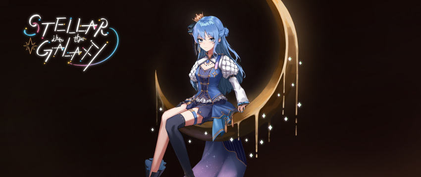 absurdres black_thighhighs blue_eyes blue_hair blue_shorts blue_vest breasts brooch cleavage crescent_moon crown feet_out_of_frame female half_updo highres hololive hoshimachi_suisei hoshimachi_suisei_(stellar_into_the_galaxy) jewelry juliet_sleeves legs long_hair long_sleeves looking_at_viewer moon o-ring o-ring_thigh_strap official_alternate_costume official_alternate_hair_length official_alternate_hairstyle on_crescent puffy_sleeves shorts simple_background single_thighhigh sitting solo star_(symbol) star_in_eye symbol_in_eye thigh_strap thighhighs tilted_headwear vest virtual_youtuber waist_cape yedeul