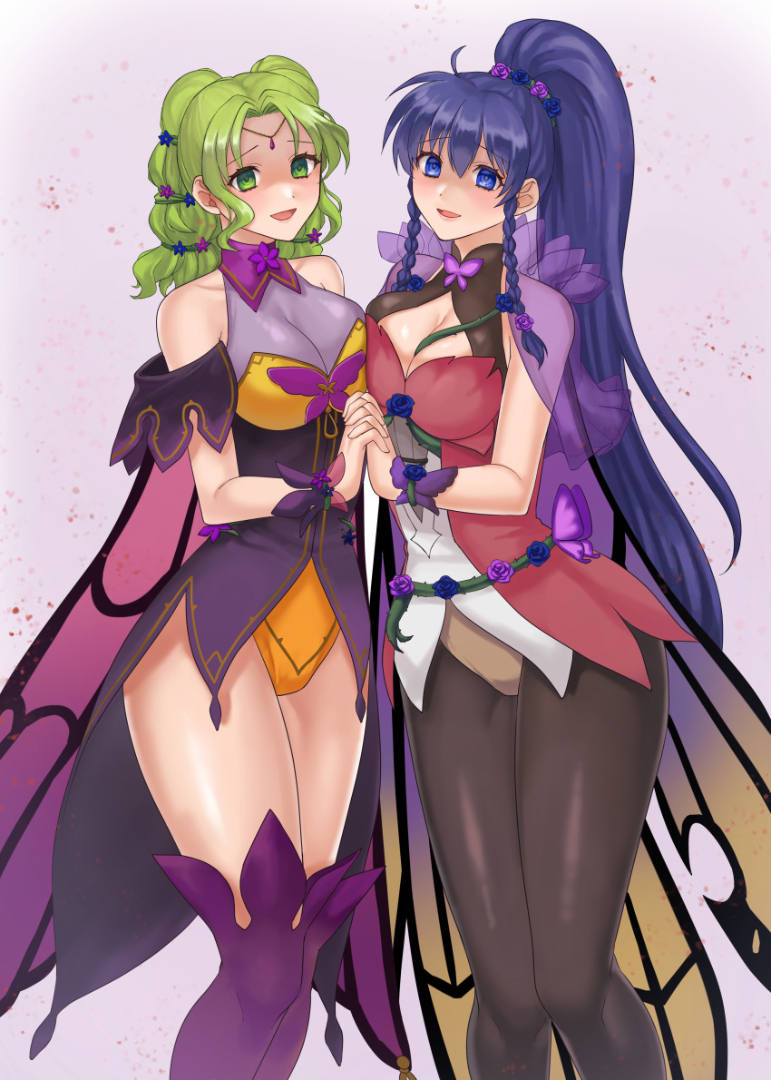 2girls :d absurdres adapted_costume alternate_costume bare_shoulders black_pantyhose blue_eyes blue_hair blush boots braid breasts butterfly_wings cape circlet cleavage collarbone collared_leotard commission cowboy_shot dress empty_eyes fire_emblem fire_emblem:_the_sacred_stones fire_emblem_heroes flower gradient_clothes green_eyes green_hair hair_flower hair_ornament hazuki_(nyorosuke) highres holding_hands insect_wings l'arachel_(fire_emblem) l'arachel_(resplendent)_(fire_emblem) large_breasts long_hair looking_at_viewer multiple_girls official_alternate_costume open_mouth pantyhose ponytail purple_thighhighs shaded_face short_dress showgirl_skirt simple_background sleeveless sleeveless_turtleneck_leotard smile standing tana_(fire_emblem) thigh_boots thighhighs thighs turtleneck twin_braids wings wrist_cuffs