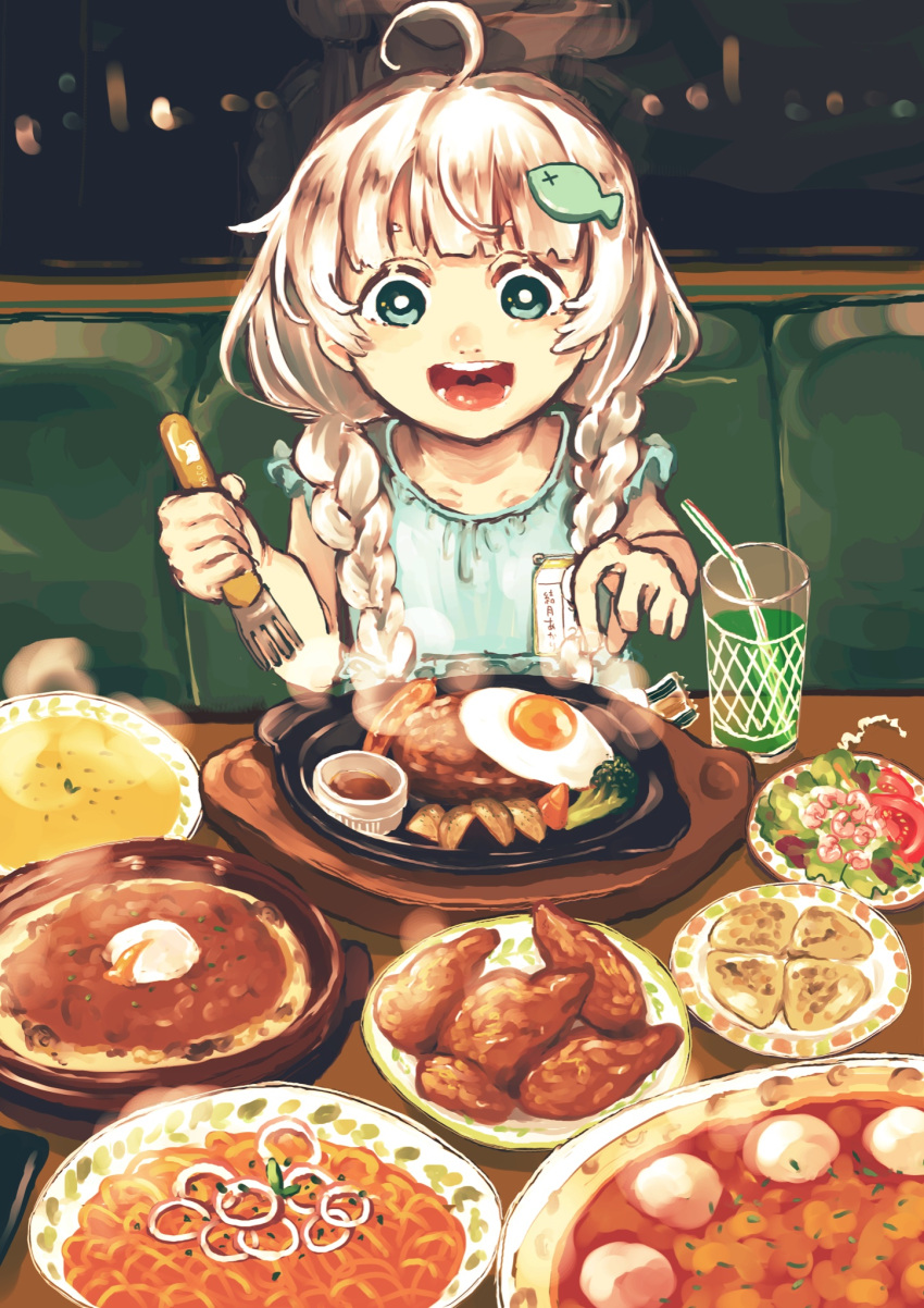 aged_down aqua_dress aqua_eyes bad_id bad_twitter_id blurry blurry_background bokeh booth_seating braid broccoli commentary cup depth_of_field doria_(food) dress drinking_glass egg_(food) female fish_hair_ornament food fork fried_egg grey_hair hair_ornament highres holding holding_fork kizuna_akari lolicon long_hair meal melon_soda mitou119 name_tag night open_mouth pasta reflection restaurant saizeriya salad short_sleeves sitting smile solo soup spaghetti steak steam table tomato twin_braids vocaloid voiceroid window