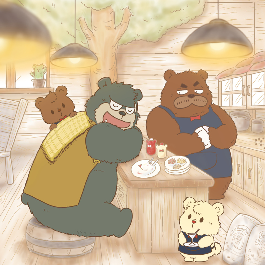 1:1 2023 anthro apron bear bow_tie brew_(kumalino) brown_body closed_eyes clothing detailed_background dot_eyes drip_(kumalino) gensuke group hi_res inside kemono kumalino male mammal overweight overweight_male roast_(kumalino) sanrio scar syrup_(kumalino) white_body