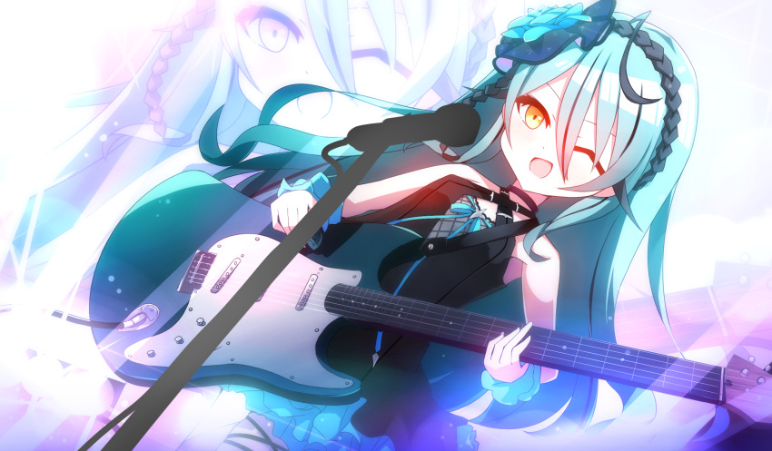 ahoge aqua_hair bad_id bad_pixiv_id blue_flower blush choker commentary eyebrows_hidden_by_hair female flower guitar hair_between_eyes highres instrument long_hair nijisanji nijisanji_kr one_eye_closed open_mouth orange_eyes popoko_(pokopokosuisei) ryu_hari solo virtual_youtuber