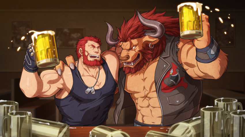 2boys abs animal_ears arm_around_shoulder bara bare_pectorals bare_shoulders beard beer_mug black_tank_top commission cow_ears cow_horns cup earrings facial_hair fate/grand_order fate/zero fate_(series) highres horns interspecies iskandar_(fate) jewelry large_pectorals male_focus mature_male minotaur monster_boy mug multiple_boys muscular muscular_male necklace original pectorals red_eyes red_hair sharp_teeth short_hair sleeveless smile tank_top teeth torn_clothes upper_body veins yaoi zelo-lee