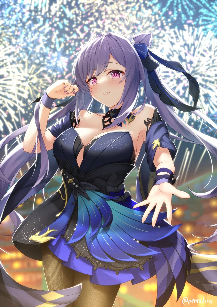 akira_(sayo_dayoo) bare_shoulders black_dress blush bow bowtie breasts brown_pantyhose dress female fireworks genshin_impact hair_ornament half-closed_eyes highres keqing_(genshin_impact) keqing_(opulent_splendor)_(genshin_impact) large_breasts looking_at_viewer nail_polish night night_sky official_alternate_costume outstretched_hand paid_reward_available pantyhose purple_eyes purple_hair reaching reaching_towards_viewer sky smile solo