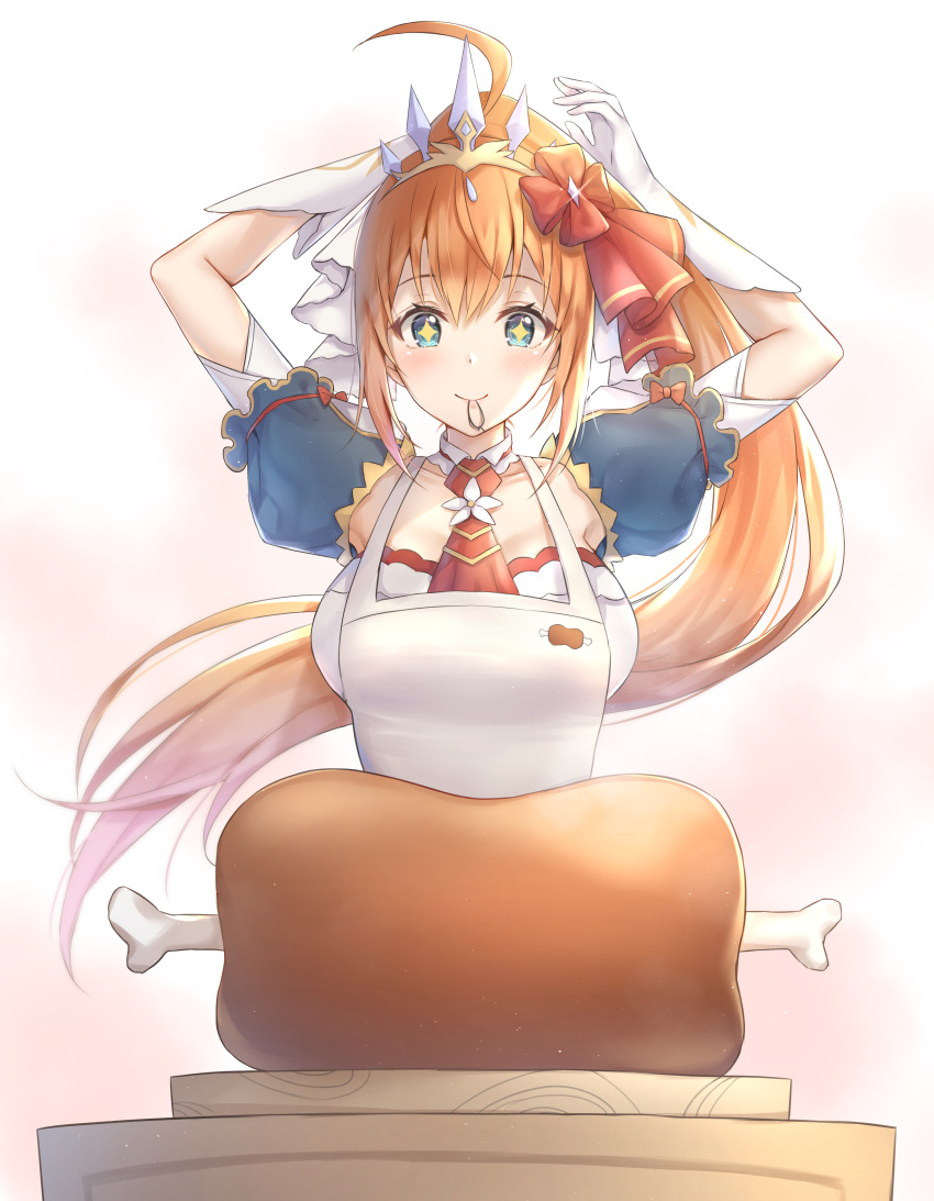 absurdres ahoge apron arms_up ascot blue_eyes blush boned_meat bow breasts closed_mouth collarbone commission cuna_(qunya) detached_sleeves elbow_gloves female food glint gloves hair_tie hair_tie_in_mouth hairbow highres large_breasts long_hair meat mouth_hold orange_hair pecorine_(princess)_(princess_connect!) pecorine_(princess_connect!) pink_background ponytail princess_connect! puffy_short_sleeves puffy_sleeves red_ascot red_bow short_sleeves smile solo sparkling_eyes tiara tying_hair upper_body very_long_hair white_apron white_gloves