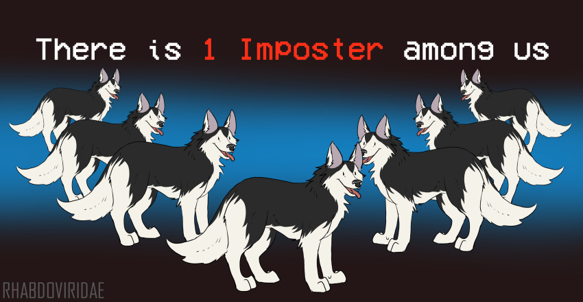 ambiguous_gender among_us beady_eyes black_body black_eyes black_fur canid canine canis conditional_dnp crossover digital_media_(artwork) domestic_dog english_text feral fur group hi_res husky innersloth mammal nordic_sled_dog open_mouth spitz text the_thing white_body white_fur wolftacos