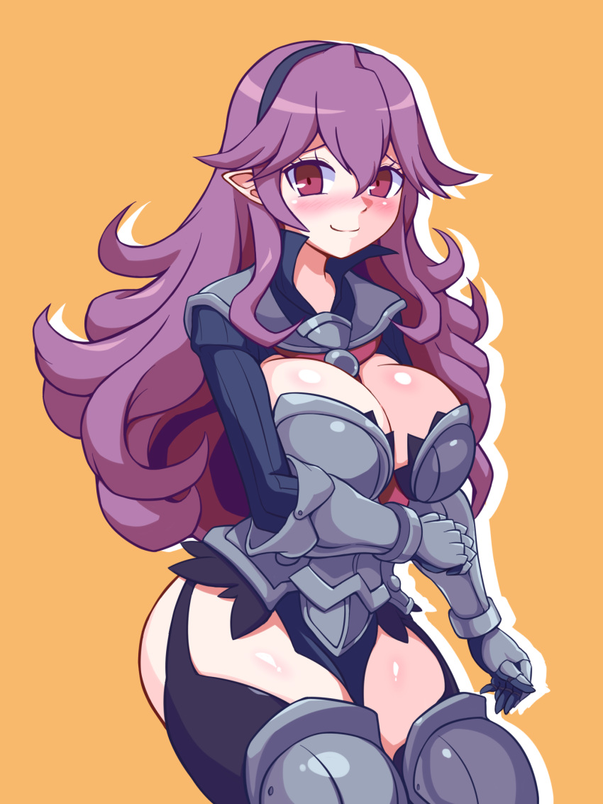 armor armored_boots boots breasts cleavage disgaea female garter_straps gauntlets hairband heavy_knight_(disgaea) highres large_breasts long_hair looking_at_viewer makai_senki_disgaea nisemono_faker pointy_ears purple_hair red_eyes smile solo