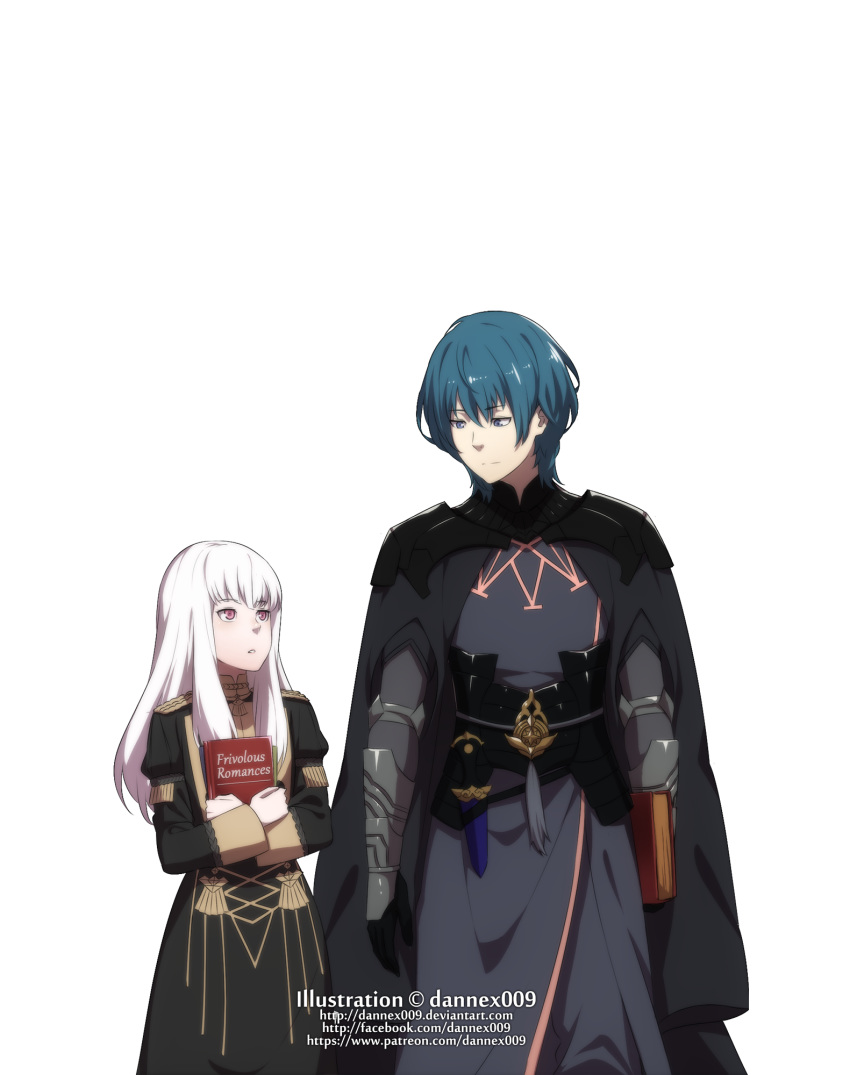 1boy :o armor artist_name black_gloves blue_eyes blue_hair book byleth_(fire_emblem) byleth_(male)_(fire_emblem) coat commentary dagger dannex009 english_commentary female fire_emblem fire_emblem:_three_houses garreg_mach_monastery_uniform gloves highres holding holding_book hugging_book hugging_object knife long_hair long_sleeves looking_at_another lysithea_von_ordelia patreon_username pink_eyes smile transparent_background uniform watermark weapon white_hair