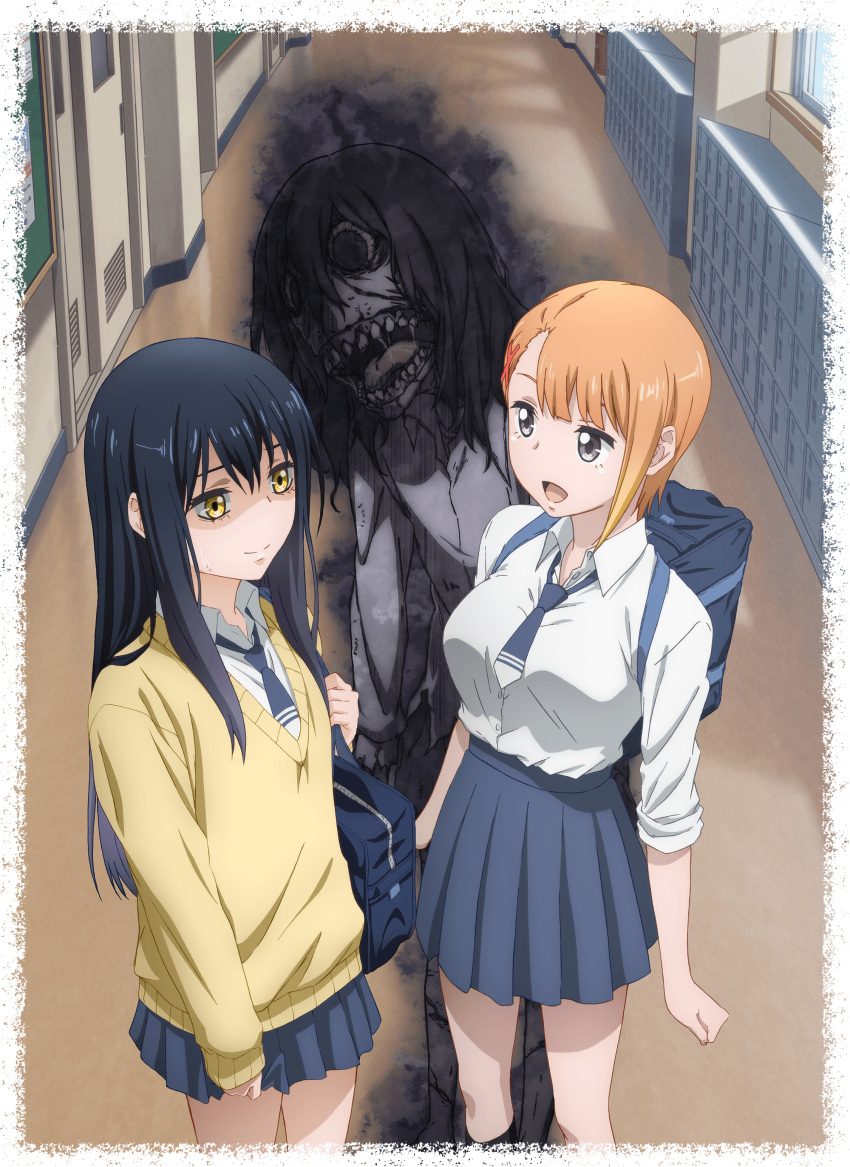 1other 2girls absurdres bag black_eyes black_hair blue_necktie blue_skirt closed_mouth door ghost hallway highres horror_(theme) locker long_hair mieruko-chan miniskirt monster multiple_girls necktie nervous_smile official_art open_mouth orange_hair pleated_skirt school school_bag school_uniform shaded_face shirt short_hair shoulder_bag skirt sleeves_rolled_up smile standing sweater white_shirt window yellow_eyes yotsuya_miko yurikawa_hana