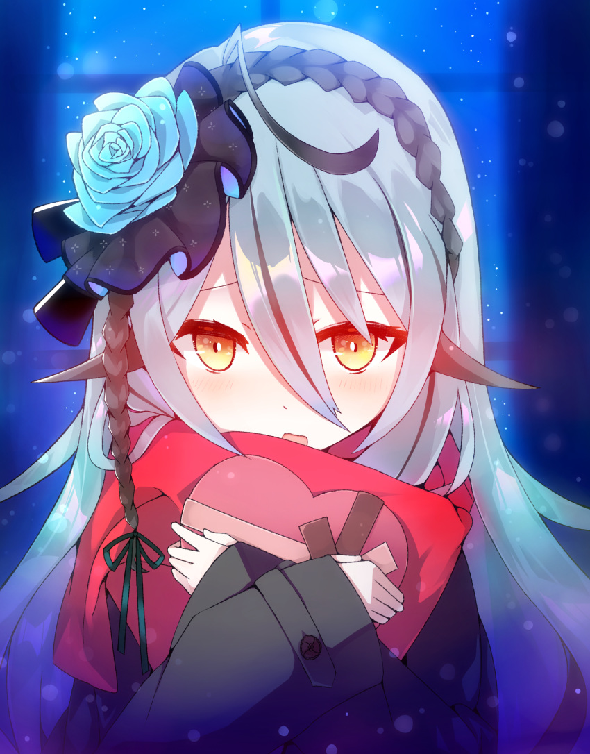 :o ahoge aqua_hair bad_id bad_pixiv_id blue_flower blush box commentary crossed_arms female flower hair_between_eyes heart-shaped_box highres long_hair looking_at_viewer nijisanji nijisanji_kr open_mouth orange_eyes popoko_(pokopokosuisei) ryu_hari solo virtual_youtuber