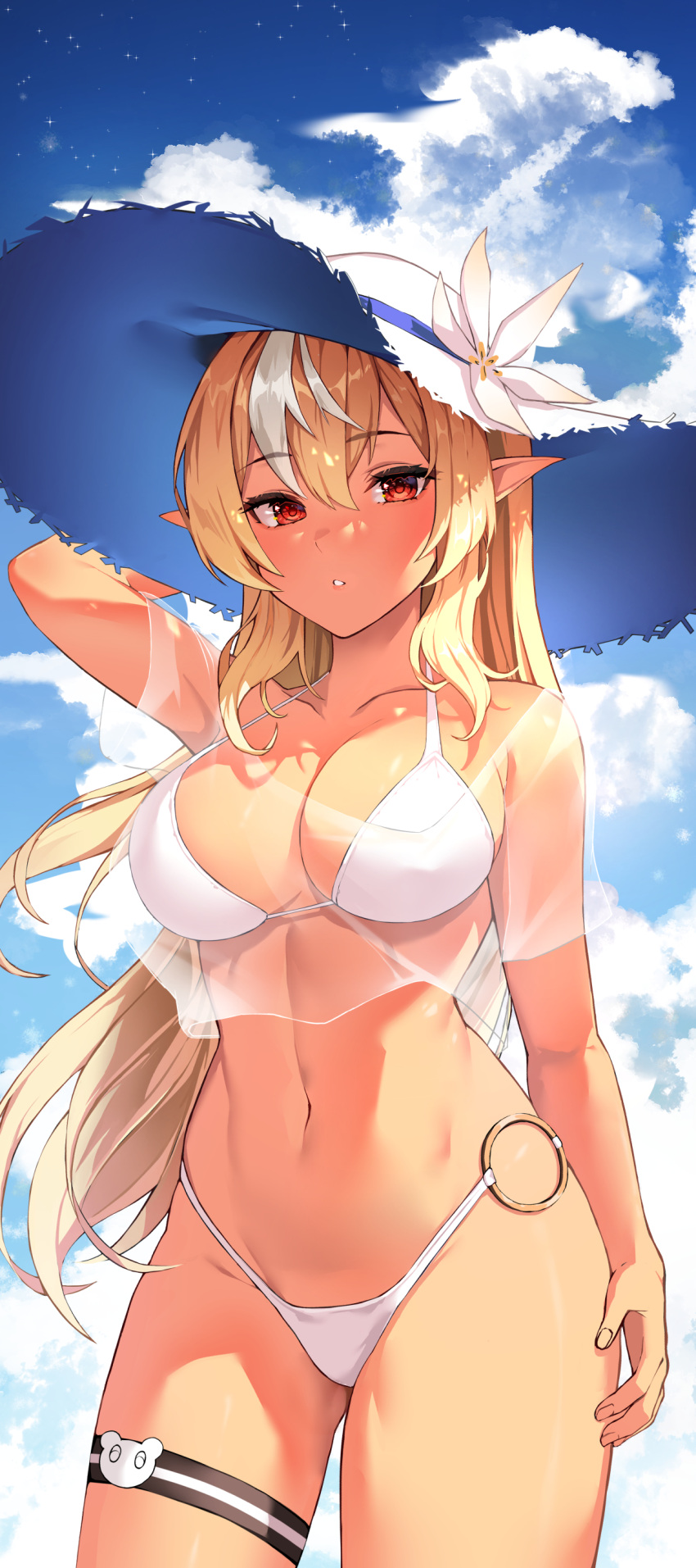 absurdres bikini blonde_hair blush breasts cleavage cloud collarbone dark-skinned_female dark_skin day elf english_commentary female flower hat hat_flower highres hololive large_breasts lessone long_hair looking_at_viewer multicolored_hair navel o-ring o-ring_bikini outdoors pointy_ears red_eyes see-through shiranui_flare sidelocks sky solo streaked_hair sun_hat swimsuit thighs virtual_youtuber white_bikini white_hair