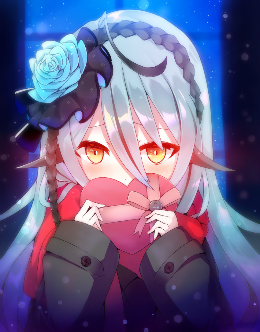 :o ahoge aqua_hair bad_id bad_pixiv_id blue_flower blush box commentary covered_mouth female flower hair_between_eyes heart-shaped_box highres long_hair looking_at_viewer nijisanji nijisanji_kr orange_eyes popoko_(pokopokosuisei) ryu_hari shy solo virtual_youtuber