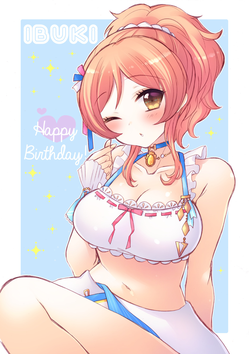 bare_shoulders bikini blue_background blue_choker blush breasts brown_eyes brown_hair character_name choker cleavage collarbone commentary_request crop_top female go_to_paradise_(idolmaster) hand_up happy_birthday head_tilt heart high_ponytail highres idolmaster idolmaster_cinderella_girls komatsu_ibuki medium_breasts one_eye_closed parted_lips pocopoco ponytail solo sparkle swimsuit two-tone_background white_background white_bikini wrist_cuffs