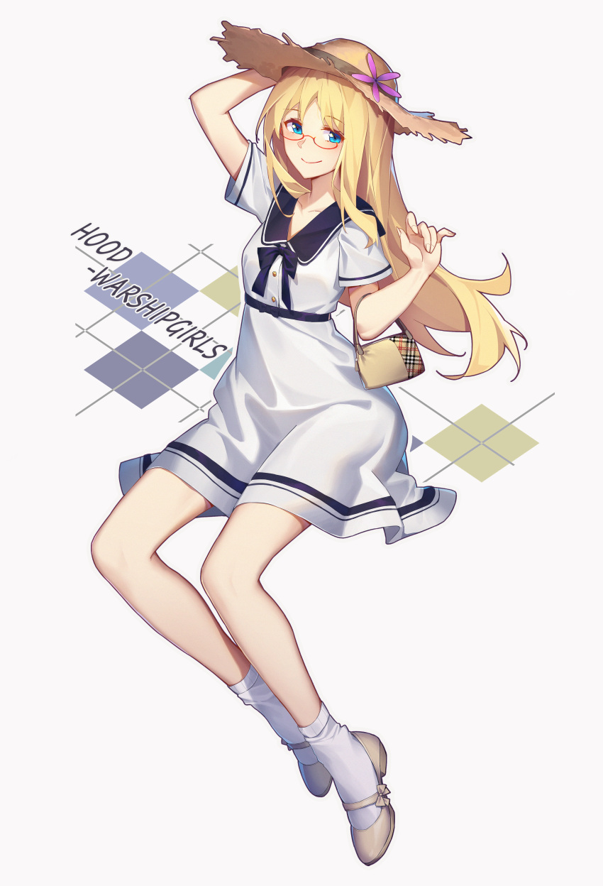 absurdres arnold-s bad_id bad_pixiv_id bag blonde_hair blue_eyes boots breasts dress female flower glasses hair_flower hair_ornament handbag hat highres hood_(warship_girls_r) photoshop_(medium) shoes small_breasts straw_hat warship_girls_r white_dress