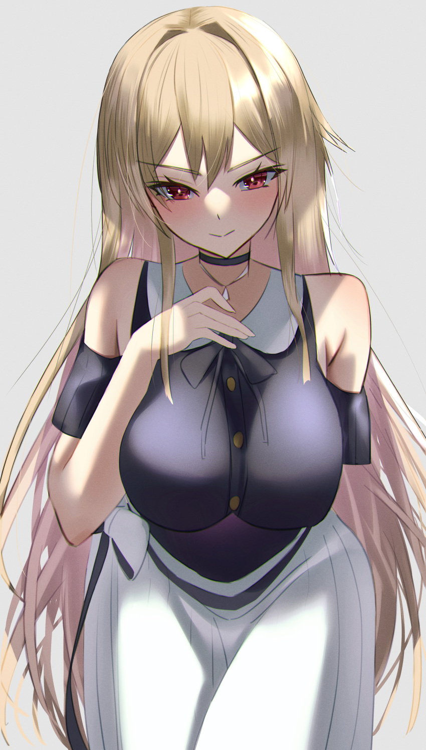 absurdres armpit_crease blush breasts brown_hair choker clothing_cutout collarbone female furen_e_lustario furen_e_lustario_(2nd_costume) grey_background highres katagirinanoka large_breasts long_hair looking_at_viewer nijisanji red_eyes shoulder_cutout simple_background skirt solo virtual_youtuber white_skirt