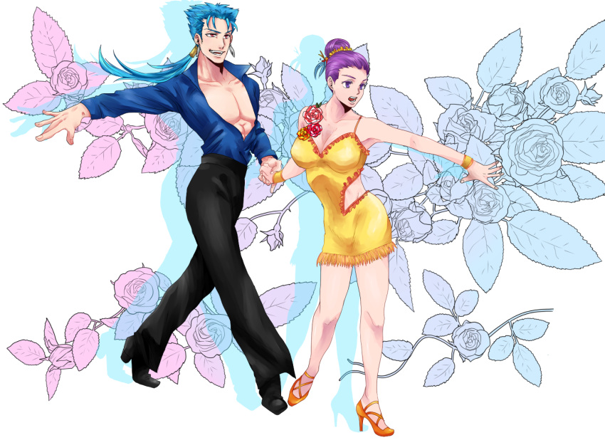 1boy alternate_hairstyle bare_pectorals bazett_fraga_mcremitz blue_hair blue_shirt breasts cleavage clothing_cutout cu_chulainn_(fate) cu_chulainn_(fate/stay_night) dancing earrings fate/hollow_ataraxia fate/stay_night fate_(series) female flamenco flamenco_dress floral_background high_heels holding_hands hotaru_(ss801) jewelry large_breasts open_clothes open_shirt pectorals ponytail purple_eyes purple_hair red_eyes rose_background shirt side_cutout spanish_clothes