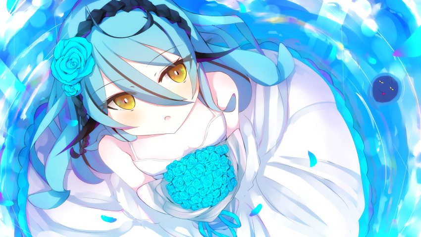 :o ahoge aqua_hair bad_id bad_pixiv_id blue_flower blush commentary female flower from_above hair_between_eyes hair_flower hair_ornament highres looking_at_viewer nijisanji nijisanji_kr open_mouth orange_eyes popoko_(pokopokosuisei) ryu_hari solo virtual_youtuber