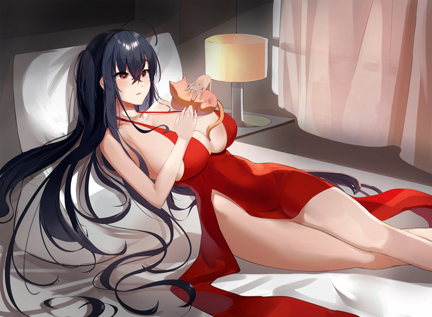 azur_lane black_hair breasts cat_on_person center_opening cocktail_dress dress evening_gown feline female halter_dress halterneck huge_breasts indoors lamp long_hair lying maanu official_alternate_costume on_back on_bed red_dress red_eyes sleeveless sleeveless_dress taihou_(azur_lane) taihou_(forbidden_feast)_(azur_lane) very_long_hair