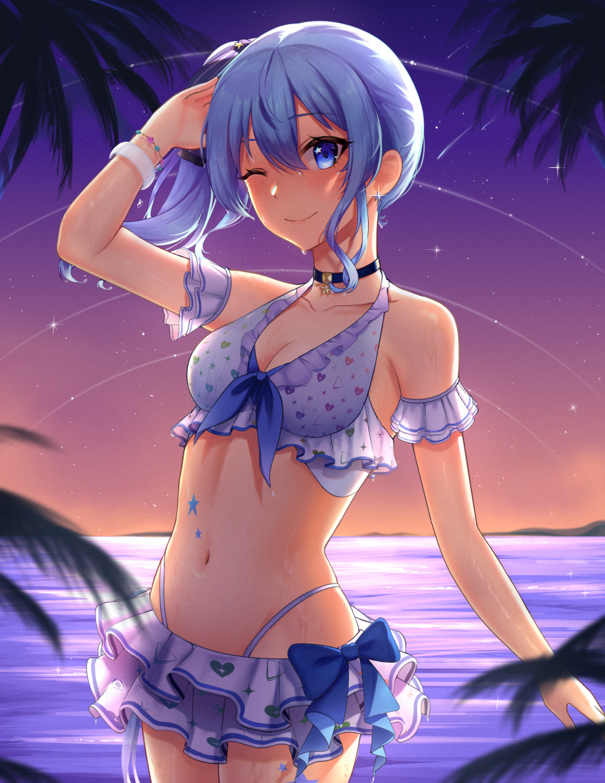 ;) absurdres arm_strap arm_up bikini black_choker blue_bow blue_eyes blue_hair bow bracelet breasts choker cleavage closed_mouth collarbone cowboy_shot dusk female floating_hair hair_between_eyes hair_ornament heart_bikini highleg highleg_bikini highres hololive hololive_summer_2022_swimsuit hoshimachi_suisei jewelry layered_bikini long_hair medium_breasts navel ocean one_eye_closed outdoors phoebe_(pixiv_55159801) shiny_skin side_ponytail smile solo standing star_(symbol) star_in_eye star_trail swimsuit symbol_in_eye virtual_youtuber white_bikini