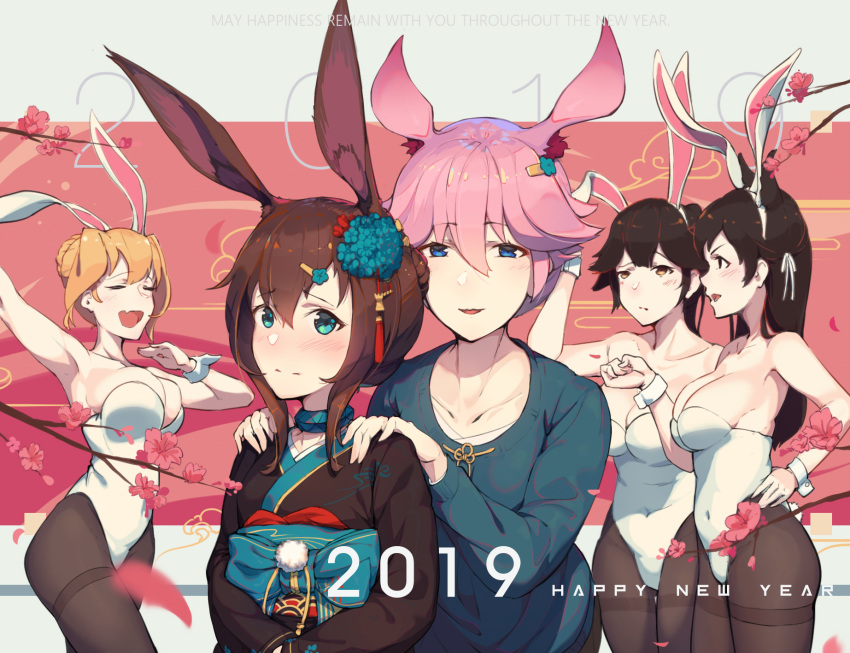 2019 5girls :d amiya_(arknights) animal_ears arknights atago_(azur_lane) azur_lane bad_id bad_pixiv_id black_hair blonde_hair blue_flower blue_shirt branch breasts brown_hair brown_kimono brown_pantyhose caisan cherry_blossoms chinese_commentary cleavage closed_mouth commentary_request crossover flower fox_ears hair_between_eyes hair_flower hair_ornament hands_on_another's_shoulders happy_new_year highres honkai_(series) honkai_impact_3rd japanese_clothes kimono leggings leotard long_hair long_sleeves looking_at_another looking_at_viewer multiple_girls new_year open_mouth pantyhose pink_hair playboy_bunny ponytail prince_of_wales_(azur_lane) purple_eyes rabbit_ears shirt smile strapless strapless_leotard takao_(azur_lane) white_leotard yae_sakura yellow_eyes