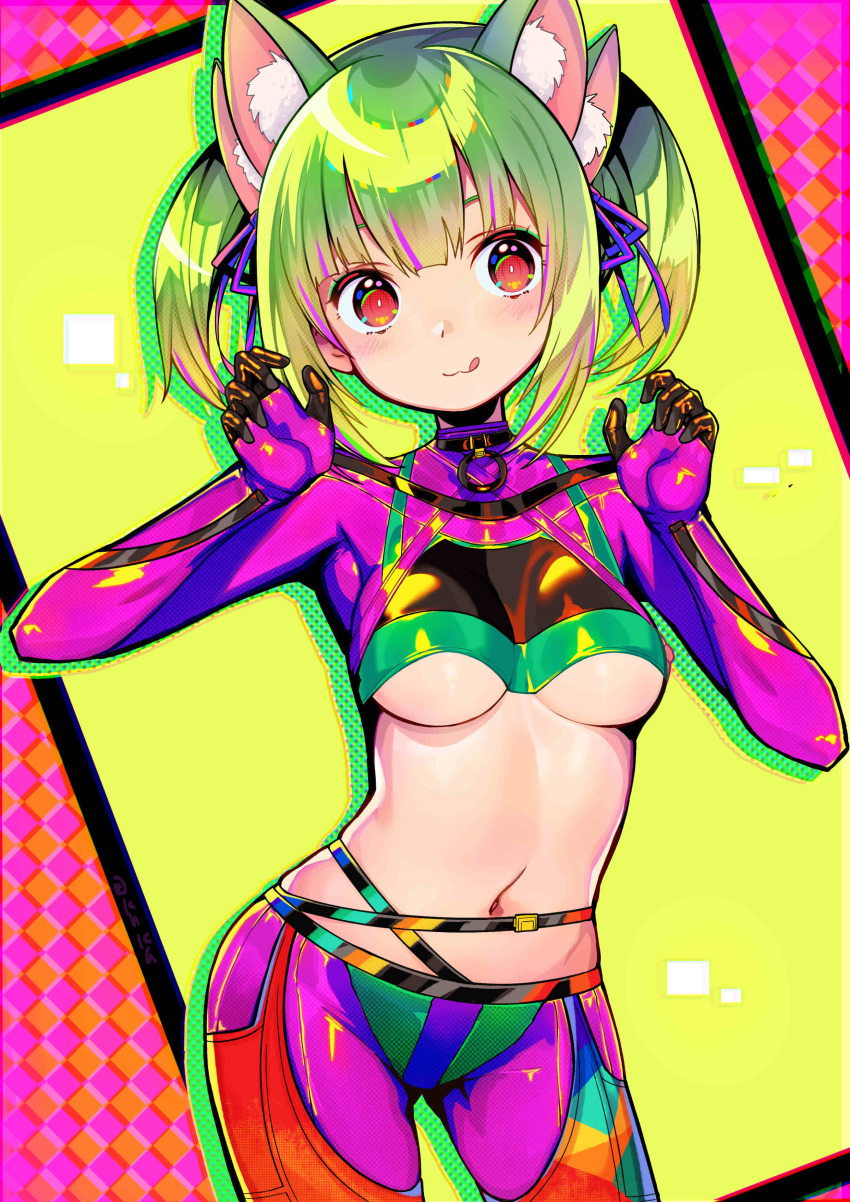 absurdres animal_ears blush bodysuit breasts cat_ears dohna_dohna_issho_ni_warui_koto_o_shiyou extra_ears female green_hair highres kirakira_(dohna_dohna) kuka looking_at_viewer medium_hair midriff multicolored_bodysuit multicolored_clothes multicolored_hair navel onono_imoko_(style) orange_eyes partial_bodysuit pink_hair skindentation small_breasts smile solo stomach twintails two-tone_hair underboob