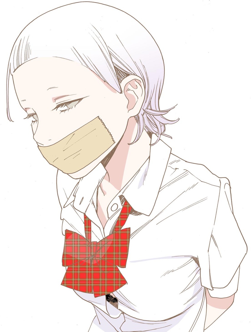 arched_bangs arms_behind_back black_bra bow bowtie bra bra_peek button_gap collar commentary dress_shirt eyelashes female gag gagged grey_eyes highres improvised_gag kishi_torajirou light_purple_hair mask_senpai no_pupils open_collar otome_no_teikoku plaid plaid_bow plaid_bowtie school_uniform shirt short_bangs short_hair short_sleeves simple_background solo tape tape_gag underwear unmoving_pattern upper_body white_background white_shirt