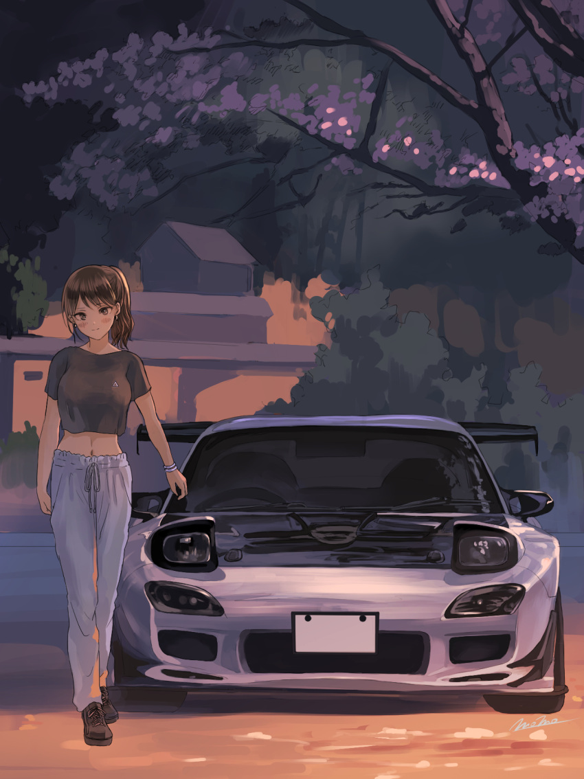 black_footwear black_shirt blush bracelet brown_eyes brown_hair car cherry_blossoms closed_mouth commentary_request female highres jewelry long_hair looking_at_viewer mazda mazda_rx-7 mazda_rx-7_fd midriff momo_hiki motor_vehicle navel original outdoors pants personification pop-up_headlights shirt shoes short_sleeves smile solo spoiler_(automobile) tree vehicle_and_personification vehicle_focus walking white_pants