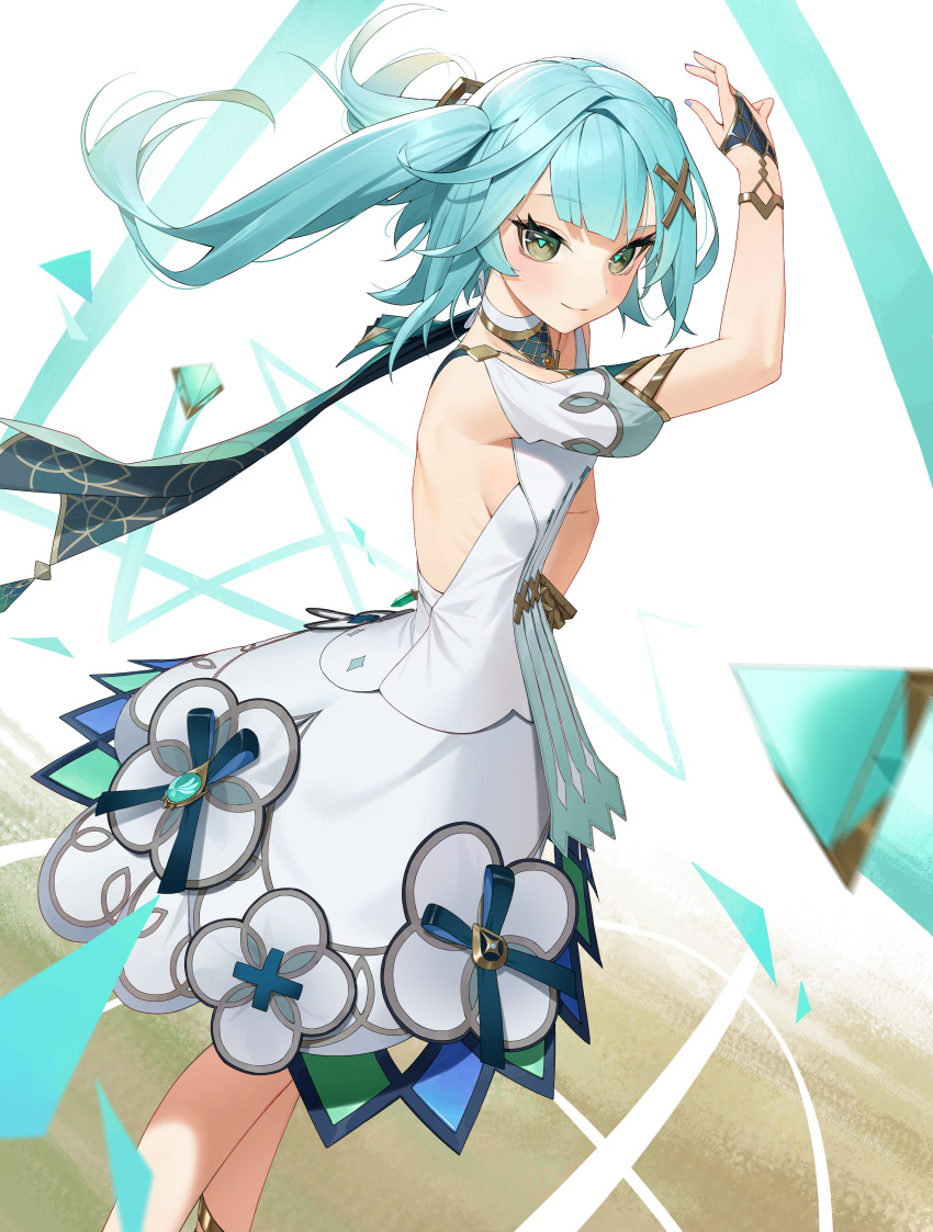 absurdres aqua_hair arm_up breasts closed_mouth clothing_cutout commentary_request cowboy_shot dress faruzan_(genshin_impact) female genshin_impact glow_(user_hnpv7785) green_eyes hair_ornament highres korean_commentary long_hair looking_ahead shoulder_cutout skirt_cutout sleeveless sleeveless_dress small_breasts smile solo standing symbol-shaped_pupils triangle-shaped_pupils twintails white_dress wristlet x_hair_ornament