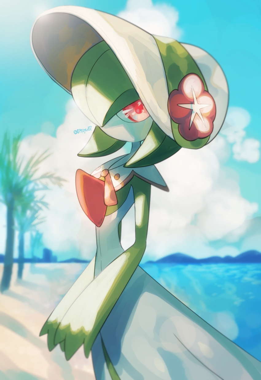 blurry bonnet capelet cloud commentary_request day female flower gardevoir gardevoir_(fashionable) highres looking_at_viewer outdoors own_hands_together pink_eyes pokemon pokemon_(creature) pokemon_unite sand shore sky solo water white_headwear yukifuri_tsuyu