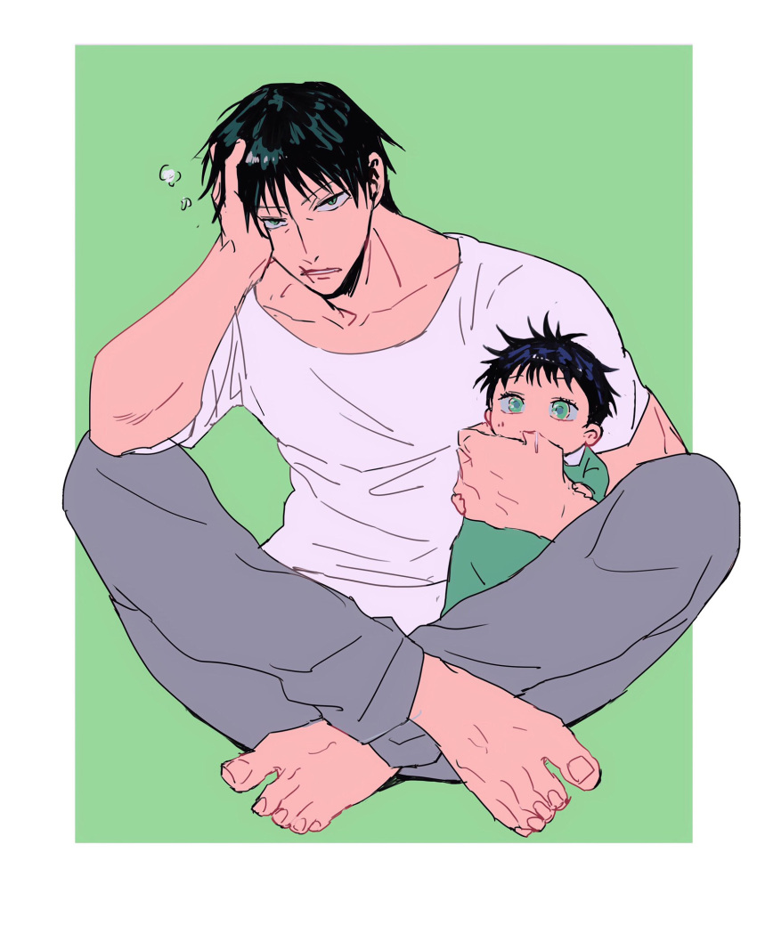 aged_down baby barefoot black_hair collarbone commentary_request father_and_son feet finger_sucking fushiguro_megumi fushiguro_touji green_eyes grey_pants hand_on_own_face highres indian_style jujutsu_kaisen looking_at_viewer male_focus pants scar scar_on_face scar_on_mouth shenshan_laolin shirt short_hair short_sleeves sitting toes white_shirt