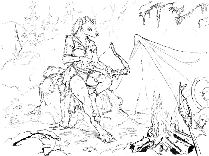 4:3 anthro black_and_white bow_(weapon) campfire clothed clothing digital_drawing_(artwork) digital_media_(artwork) female gnoll hotchkiss hotchkisstank hyena mammal monochrome plant ranged_weapon sitting snow solo tent tree weapon