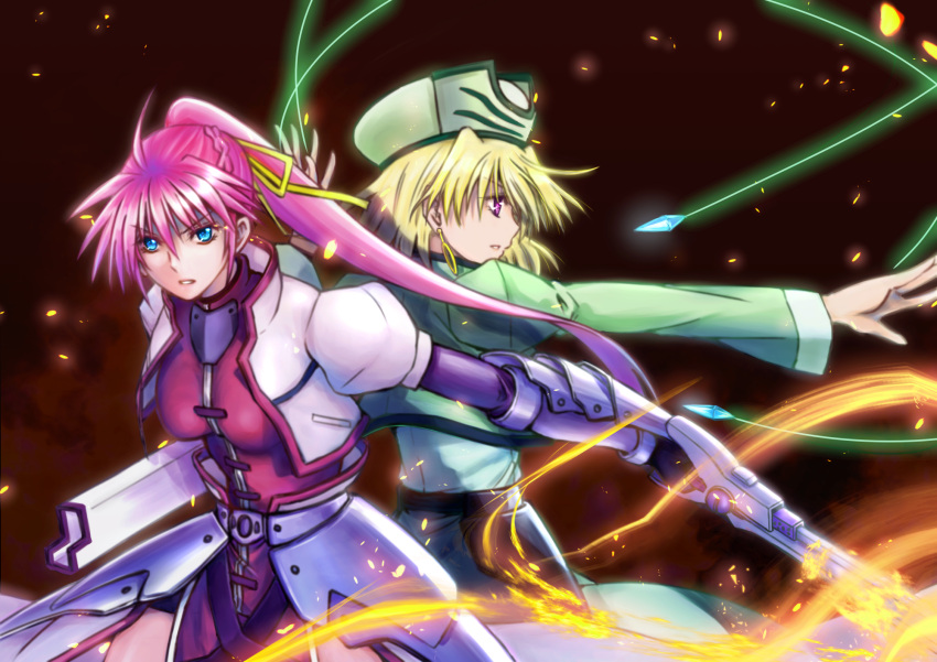 2girls armor back-to-back blonde_hair blue_eyes braid commentary cropped_jacket dress earrings faulds fire from_side frown gauntlets gloves green_dress green_headwear grey_gloves hair_ribbon hat highres holding holding_sword holding_weapon hoop_earrings jacket jewelry klarwind laevatein_(nanoha) leoheart long_dress long_hair long_sleeves looking_at_viewer lyrical_nanoha magical_girl mahou_shoujo_lyrical_nanoha mahou_shoujo_lyrical_nanoha_a's multiple_girls parted_lips pink_jacket ponytail purple_eyes red_dress red_hair ribbon scabbard shamal sheath short_hair side_slit signum standing sword weapon yellow_ribbon