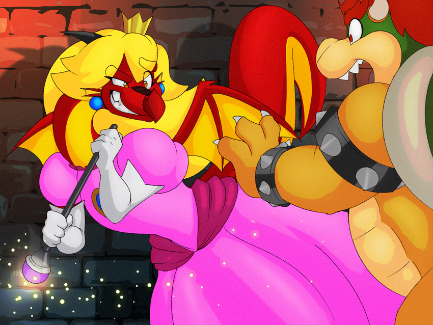 2020 4:3 alternate_species anthro blonde_hair bowser clothed clothing dracojeff dragon dress duo female grin hair horn implied_transformation koopa mario_bros membrane_(anatomy) membranous_wings mythological_creature mythological_scalie mythology nintendo princess_peach red_body scalie scepter smile surprise tail wings yellow_body