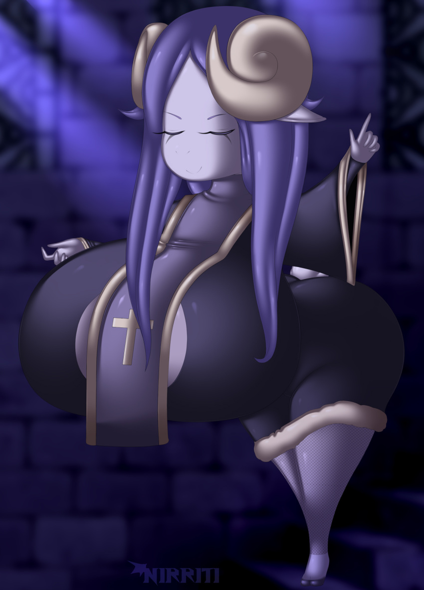 anthro blue_hair castle cleavage_cutout furry goat horns hourglass_figure huge_ass huge_breasts long_hair nirriti priestess sheep sheep_horns thick_thighs wide_hips