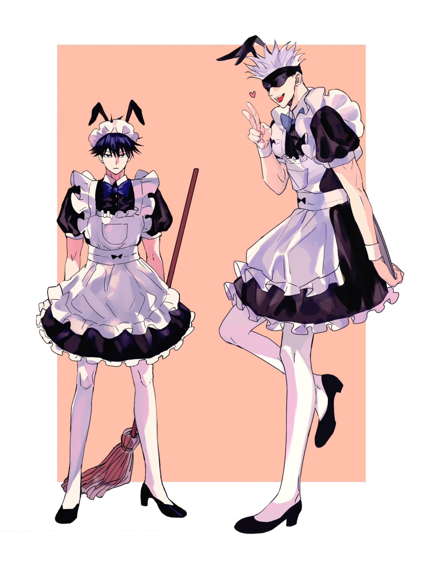 2boys alternate_costume animal_ears apron black_blindfold black_dress black_hair blindfold broom commentary_request crossdressing dress enmaided frilled_apron frilled_dress frills full_body fushiguro_megumi gojou_satoru heart height_difference highres holding holding_broom holding_tray jujutsu_kaisen looking_at_viewer maid maid_headdress male_focus male_maid multiple_boys pantyhose puffy_short_sleeves puffy_sleeves rabbit_ears shenshan_laolin short_hair short_sleeves smile tray v white_hair white_pantyhose