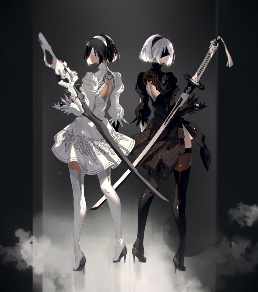 2b_(nier:automata) 2girls 2p_(nier:automata) absurdres black_blindfold black_dress black_footwear black_hair black_legwear black_vs_white blindfold boots closed_mouth commentary covered_eyes dark-skinned_female dark_skin dress feather_trim full_body hairband high_heel_boots high_heels highres lips long_sleeves mole mole_under_mouth multiple_girls nier:automata nier_(series) puffy_sleeves short_dress short_hair simple_background standing stiletto_heels sword takagi_masafumi thigh_boots thighhighs thighhighs_under_boots turtleneck weapon white_blindfold white_dress white_footwear white_hair