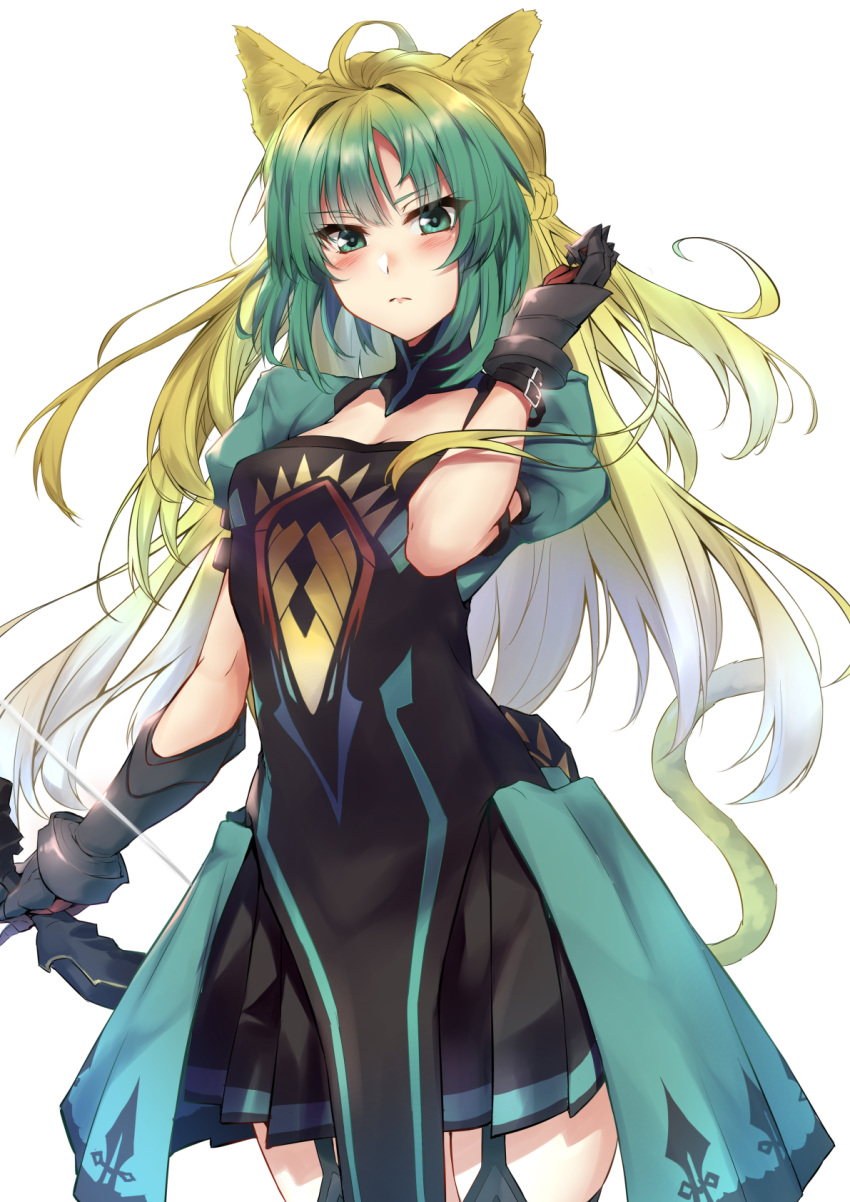 ahoge animal_ears atalanta_(fate) blonde_hair bow_(weapon) commentary_request dress fate/apocrypha fate_(series) female garter_straps gloves gradient_hair green_eyes green_hair highres kagari_liroi long_hair multicolored_hair solo tail weapon white_background