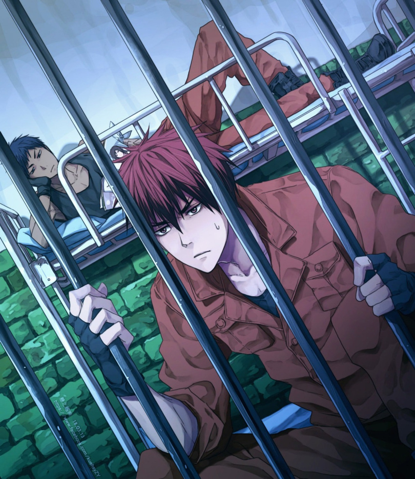 2boys aomine_daiki bars bed black_footwear black_gloves blue_hair boots closed_mouth dark-skinned_male dark_skin fingerless_gloves gloves hand_on_own_face highres holding holding_magazine in_cell kagami_taiga kuroko_no_basuke lying magazine_(object) male_focus multiple_boys prison prison_cell prisoner red_hair short_hair sweatdrop uniform xuan_zhi_yue_ying