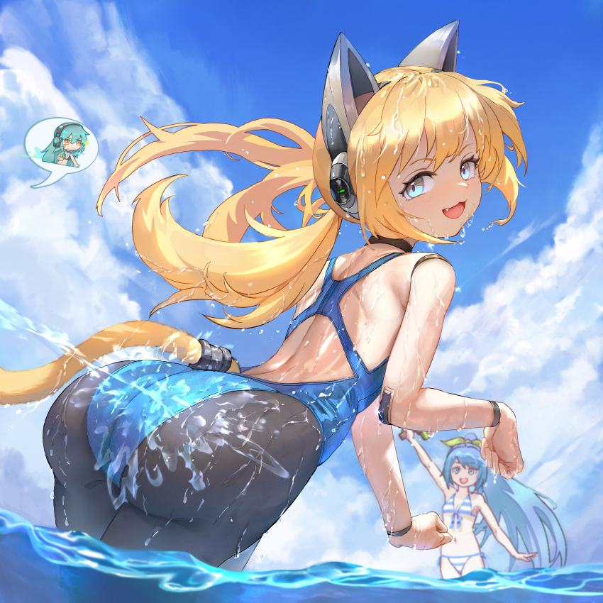 :3 absurdres android animal_ears antonina_(neural_cloud) ass back betty_(neural_cloud) blonde_hair blue_eyes blue_one-piece_swimsuit cat_ears cat_girl cat_tail choker day from_behind girls'_frontline girls'_frontline_neural_cloud highres huge_ass idw_(girls'_frontline) light_blush long_hair looking_at_viewer looking_back making-of_available max_(electrical_spark_spray)_(neural_cloud) max_(neural_cloud) mechanical_arms multiple_girls ocean oerba_yun_fang official_alternate_costume one-piece_swimsuit outdoors pantyhose partially_underwater_shot paw_pose robot_ears shoulder_blades sky smile solo_focus splashing swept_bangs swimsuit tail twintails wading water water_gun zerowill