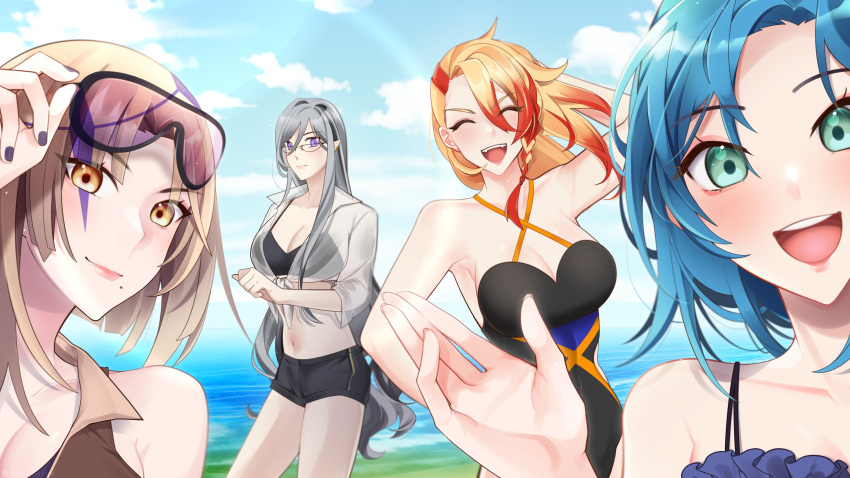 4girls absurdres axel_syrios aztree blonde_hair blush breasts genderswap_(mtf) glasses highres holostars holostars_english holotempus long_hair looking_at_viewer magni_dezmond multicolored_hair multiple_girls noir_vesper one-piece_swimsuit outdoors print_hair purple_eyes purple_hair regis_altare rule_63 see-through sky smile streaked_hair swimsuit virtual_youtuber